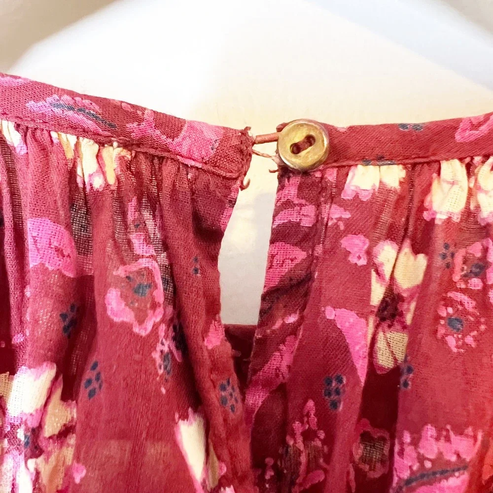Ulla Johnson Arbor Burgundy Floral Ruffle Puff Sleeve Blouse Top Size 4
